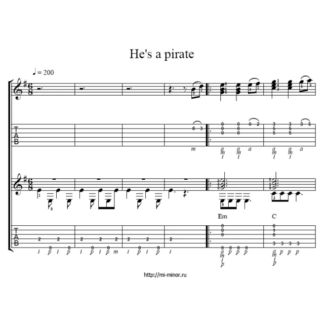 Табулатура Пираты Карибского моря. Для двух гитар.