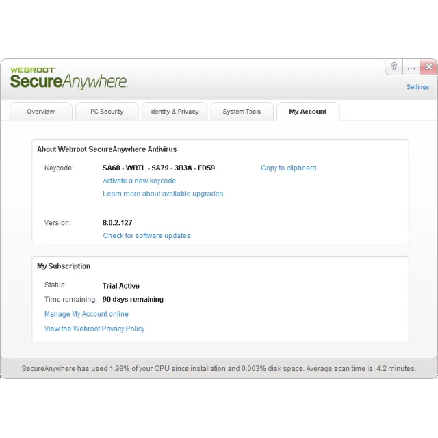 WebRoot SecureAnywhere™ AntiVirus 2013: ключ на 90 дней