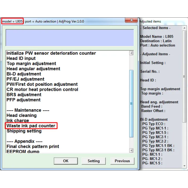 Adjustment program Epson L805