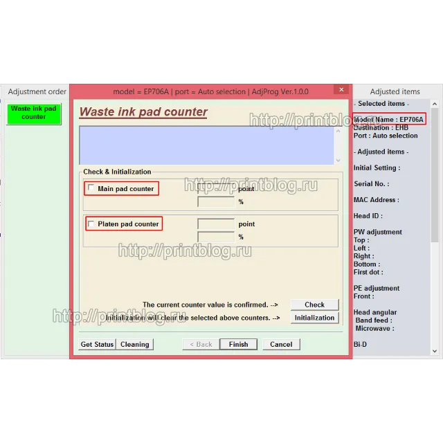 Adjustment program Epson EP-706A для сброса отработки