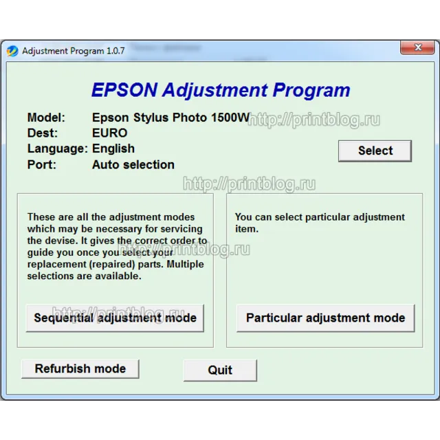 Adjustment program Epson Stylus Photo 1500W (EURO)