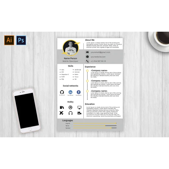 Шаблон резюме для мобильного разработчика / PSD &amp; AI /