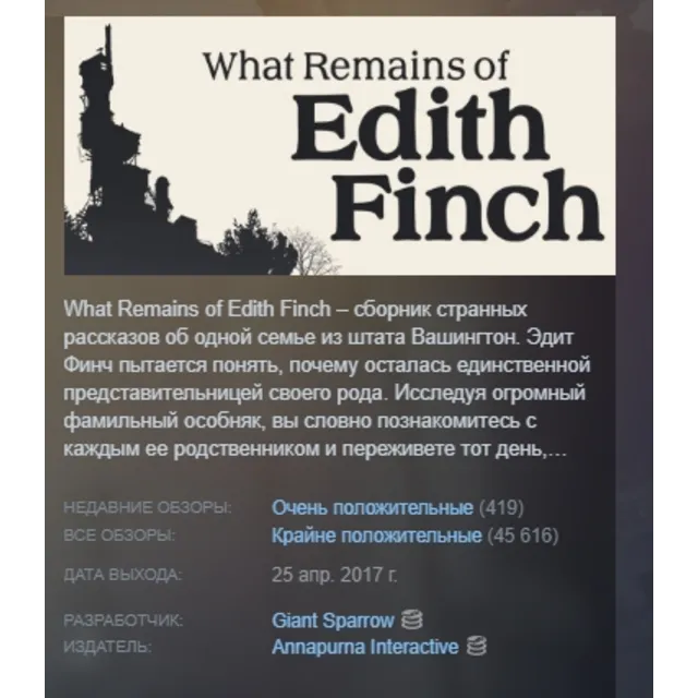 What Remains of Edith Finch АВТОДОСТАВКА STEAM GLOBAL МГНОВЕННО ЛИЦЕНЗИЯ