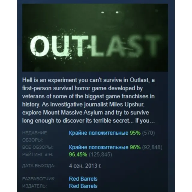 Outlast АВТОДОСТАВКА STEAM GLOBAL МГНОВЕННО ЛИЦЕНЗИЯ