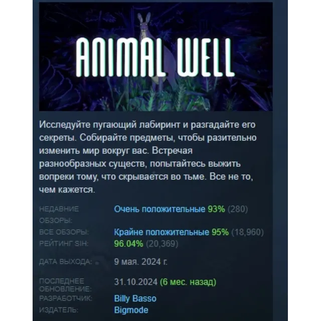 ANIMAL WELL АВТОДОСТАВКА STEAM GLOBAL МГНОВЕННО ЛИЦЕНЗИЯ