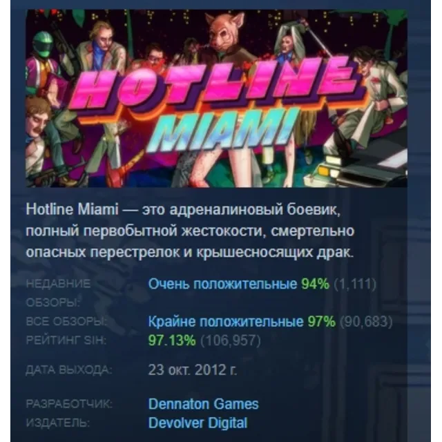Hotline Miami АВТОДОСТАВКА STEAM GLOBAL МГНОВЕННО ЛИЦЕНЗИЯ