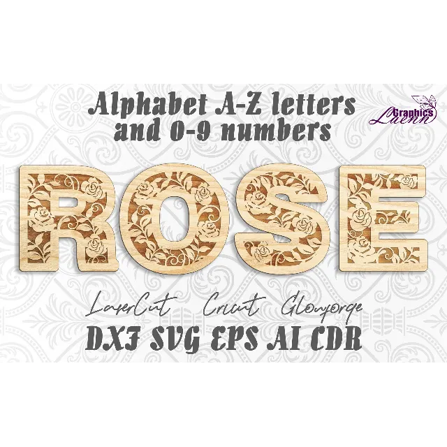 Роза алфавит буквы a-z, цифры 0-9 для лазерной резки