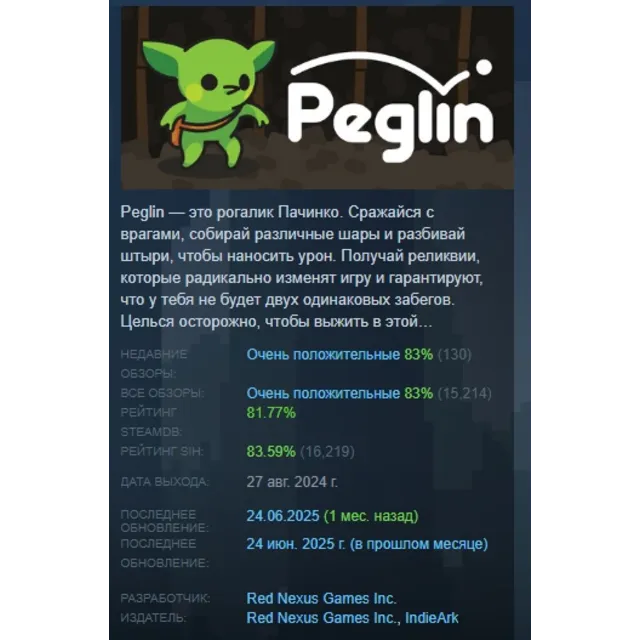 Peglin АВТОДОСТАВКА STEAM GLOBAL МГНОВЕННО ЛИЦЕНЗИЯ