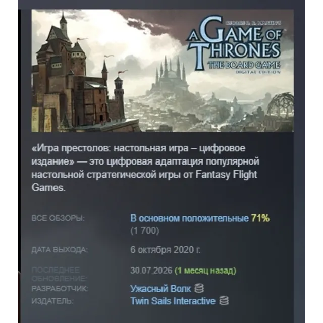 A Game of Thrones: The Board Game - Digital Edition АВТОДОСТАВКА STEAM GLOBAL