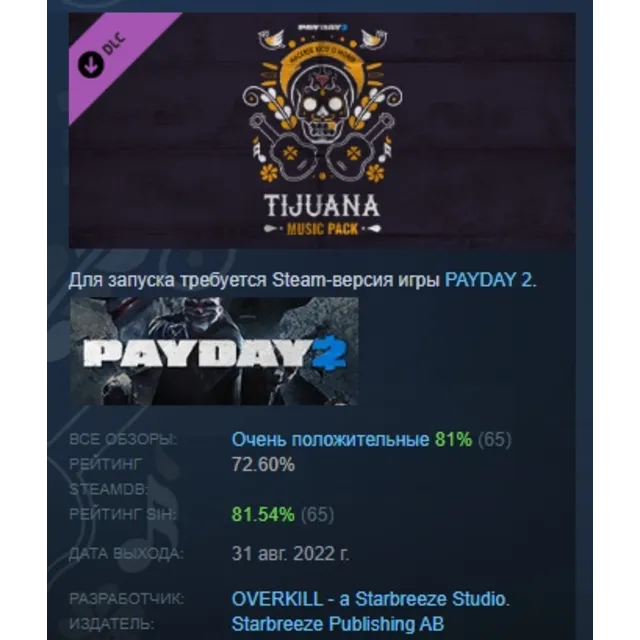 PAYDAY 2: Tijuana Music Pack DLC АВТОДОСТАВКА STEAM РОССИЯ