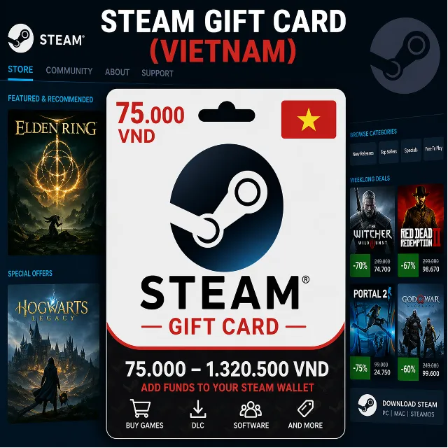 Steam Gift Card (Вьетнам) 75 000–1 320 500 VND | Код пополнения Steam