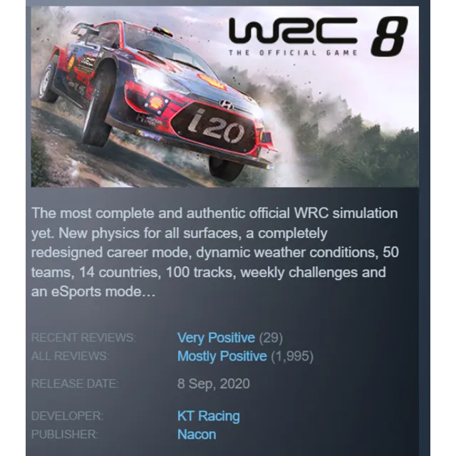 WRC 8 FIA World Rally Championship （Steam Key RU）