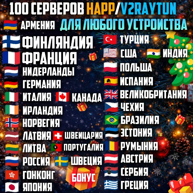 100 локаций VLESS [Happ, v2rayTUN] Безлимит
