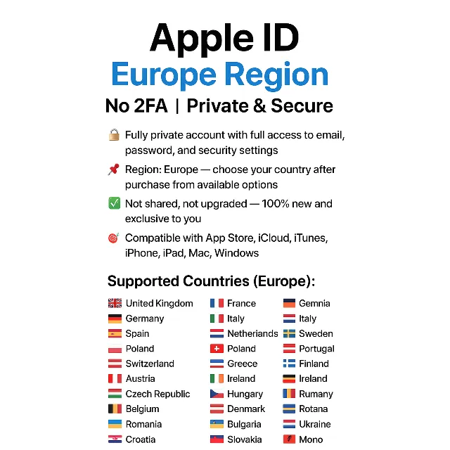 Apple ID Европа: UK + FR + DE + Другие | Без 2FA 🔐