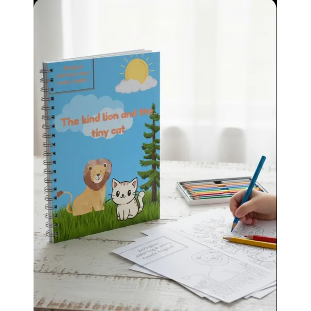 Bilingual coloring story:kind lion&amp;tiny cat