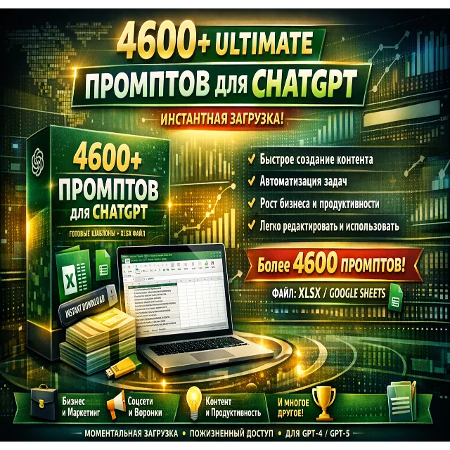 +4600 Пакет промптов ChatGPT – Бизнес, Маркетинг, Контент, Соцсети (XLSX)