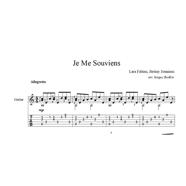 Je Me Souviens (Лара Фабиан) ноты для гитары