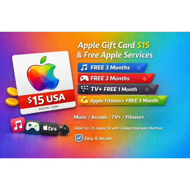🍎 Apple Gift Card $15 USA + 🎵 Music 3M + 🎮 Arcade 3M +  Fitness+ 3M + 🍿 TV+ 1M |