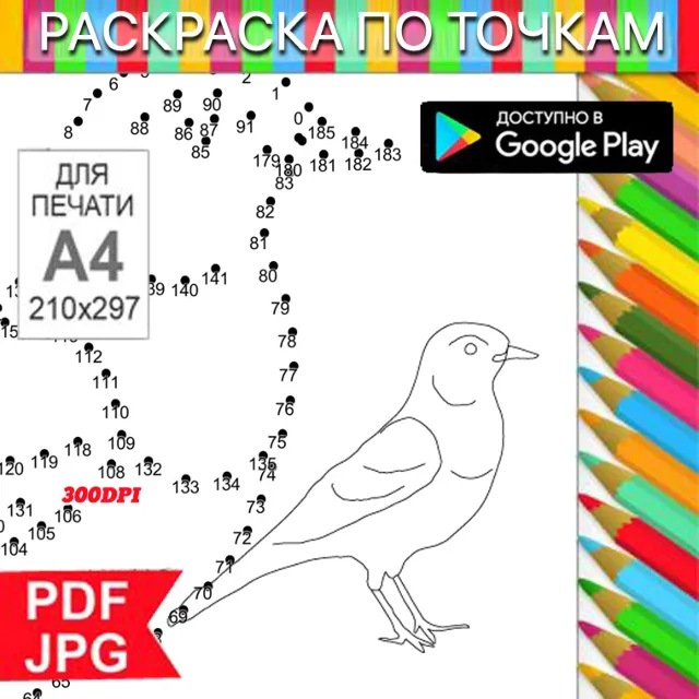 Птица Раскраска По точкам Антистресс для распечатки на принтере и Android