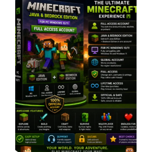 Minecraft: Java and Bedrock Edition for PC Windows 10/11 Account|Full Access