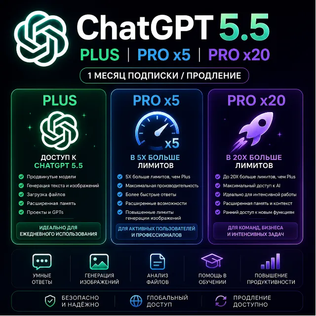 ChatGPT 5.5 PLUS | PRO x5 | PRO x20 — 1 МЕСЯЦ ПОДПИСКИ / ПРОДЛЕНИЕ