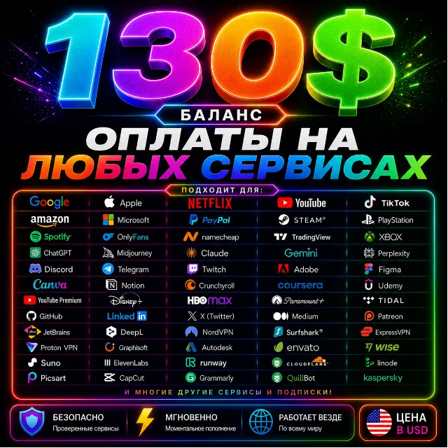 130$ US Карта для оплаты на любых сервисах + баланс в USD