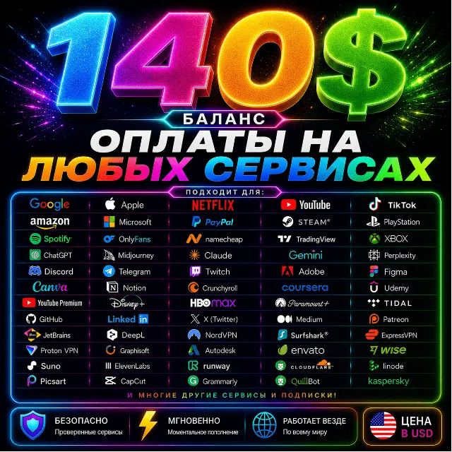 140$ US Карта для оплаты на любых сервисах + баланс в USD