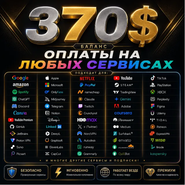 370$ US Карта для оплаты на любых сервисах • Баланс в USD