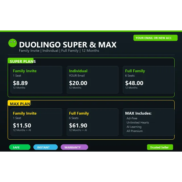 🦉 DUOLINGO SUPER &amp; MAX | ПРИГЛАШЕНИЕ / СЕМЬЯ | ВАШ EMAIL ИЛИ НОВЫЙ АКК | МГНОВЕННО ⚡