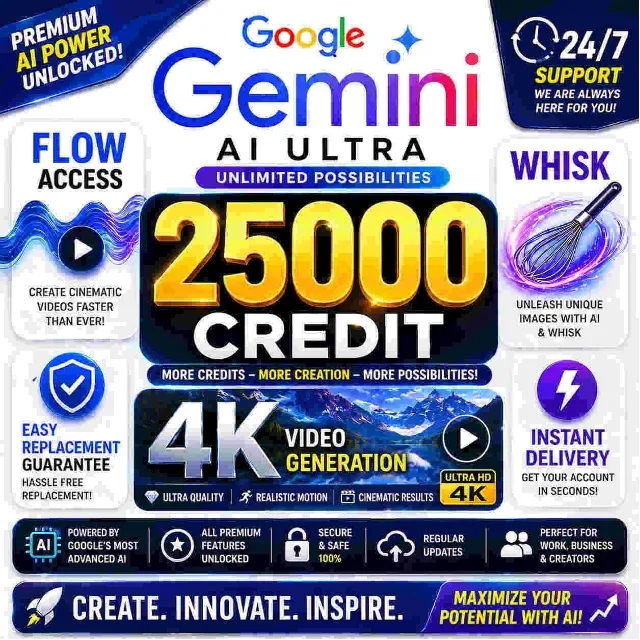 Gemini AI Ultra| 25000 Кредитов|4K Видео|Flow+Whisk|Полный Доступ|Мгновенная Доставка