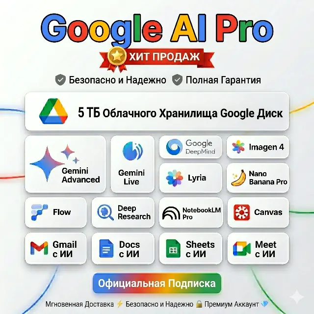 Google AI PRO + Gemini PRO + VEO 3 + Диск 5 ТБ + Lyria + NotebookLM Pro + Nano Banana