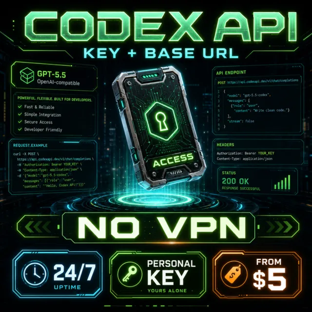 [24/7] Codex OpenAI/ChatGpt — ключ + Base URL, GPT-5.5 / other, без VPN