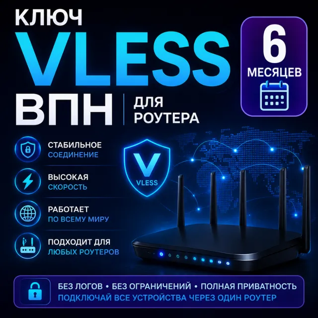 Каскадный  ключ VLESS VPN для роутеров с Podkop на 6 месяцев