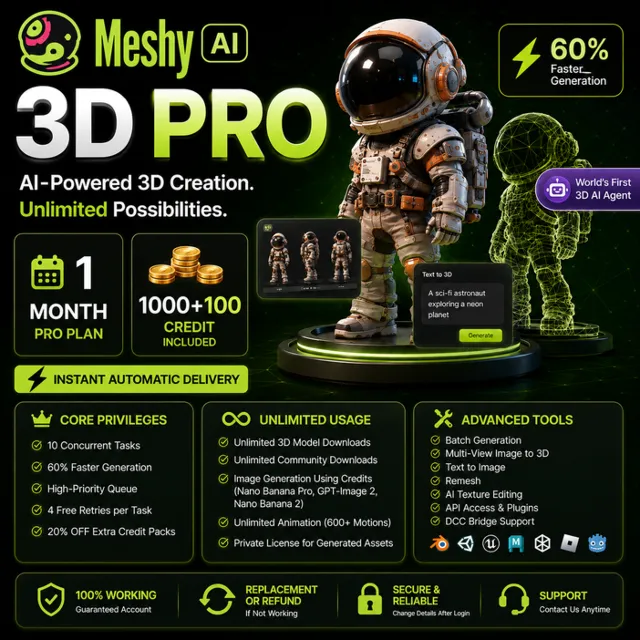 ⚡ Meshy AI 3D Pro | 1 Месяц | 1150 Кредитов | Мгновенная Автоматическая Доставка⚡