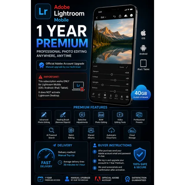 Adobe Lightroom Mobile Premium 1 год | Глобальная версия | iOS Android | 40 ГБ в обла