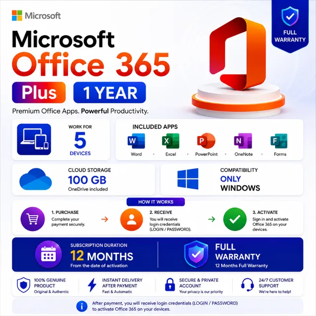 🛍️ Microsoft Office 365 Plus — 1 год | 5 устройств | 100 ГБ в OneDrive | Windows