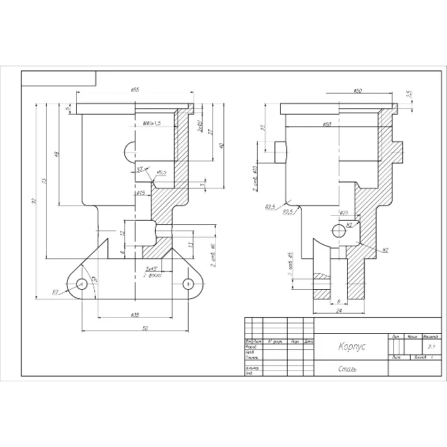 Корпус - чертеж детали в AutoCAD (поз.1) из сборки "Клапан выпускной"