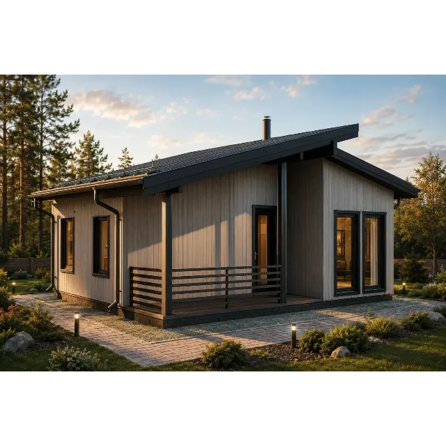 FH-18 — каркасный дом 66,5 м², 2 спальни, 1 санузел, терраса