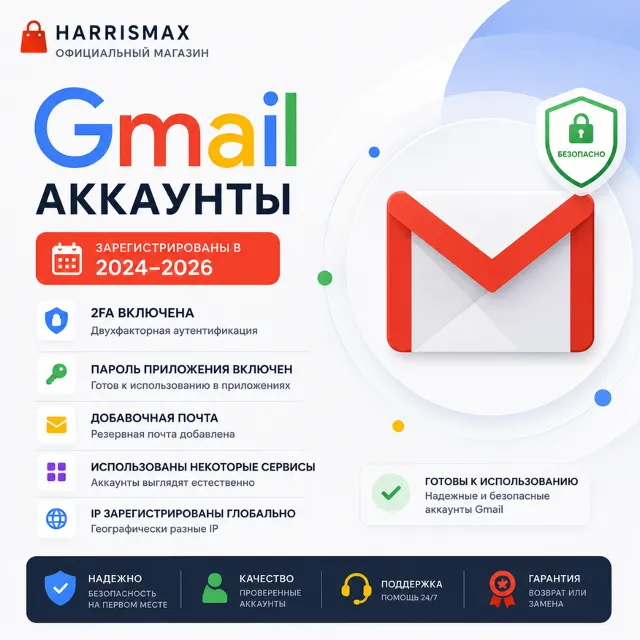 Gmail Аккаунт 2024–2026 | 2FA | App Password | Recovery Email