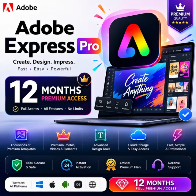 План Adobe Express Pro – 12 месяцев премиум-доступа 💎