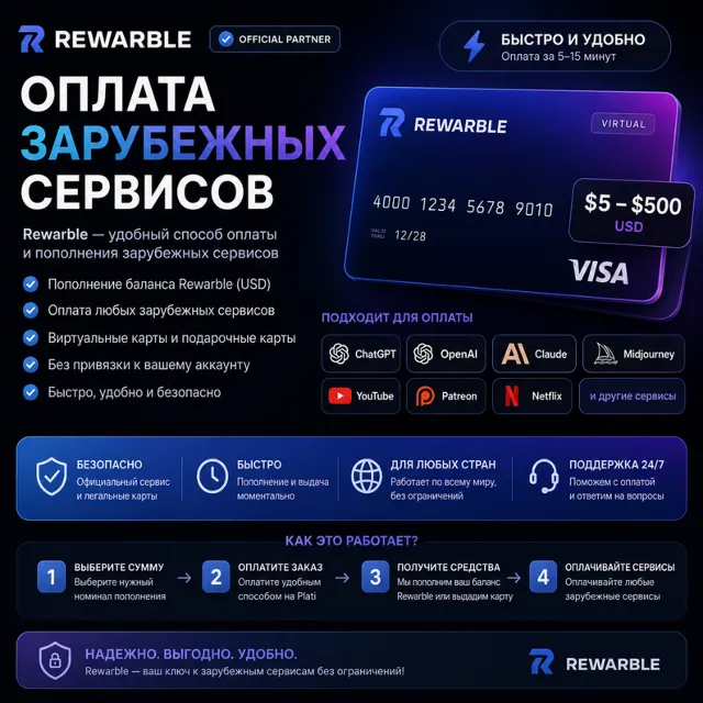 Оплата зарубежных сервисов. Ваучер/Карта Rewarble. 5-250 USD