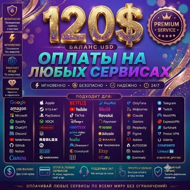 Виртуальная предоплаченная карта Visa Global (VCC) с балансом $120