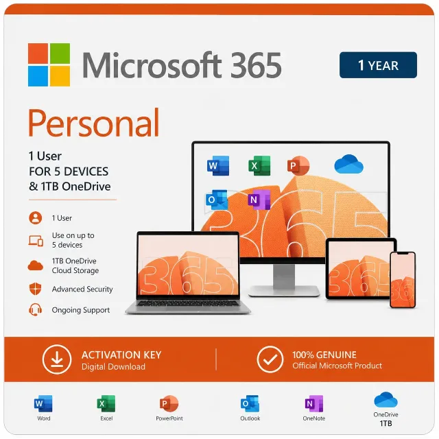 Microsoft 365 Personal – 1 User FOR 5 DEVICES &amp; 1TB OneDrive (Activation Key)