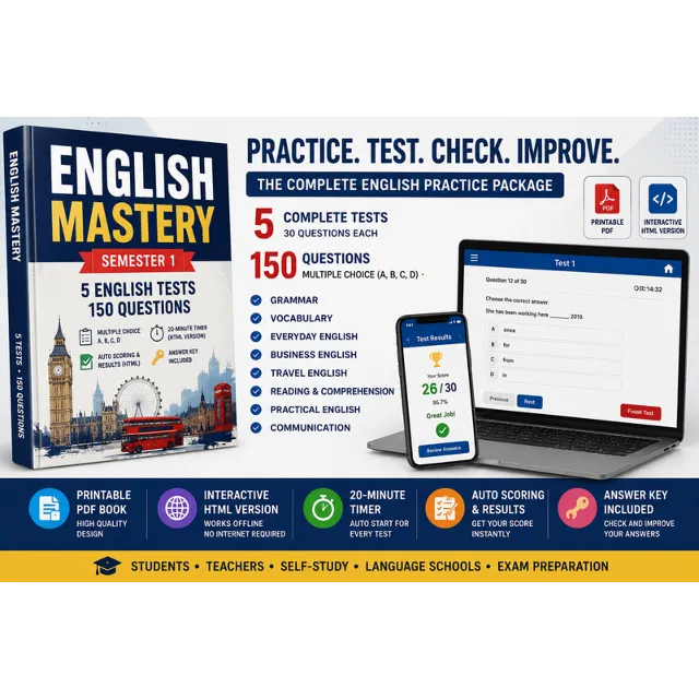 English Mastery 5 тестов по английскому 150 вопросов PDF + интерактивный HTML