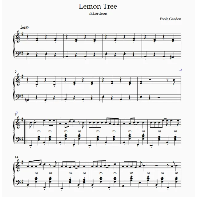 "Lemon Tree"  Fools Garden (ноты для аккордеона Баяна )