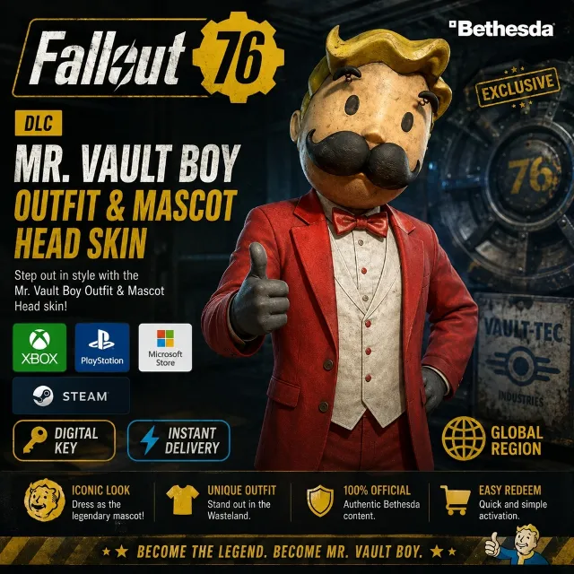 Fallout 76: Mr. Vault Boy Outfit and Mr. Vault Boy Mascot Head skin (in-game) DLC