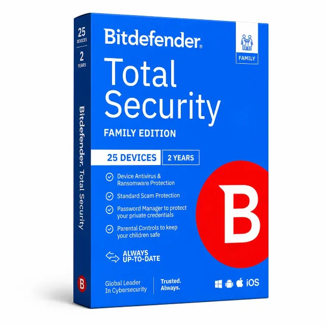 Bitdefender Total Security Multiplatform Family 5 Accounts each one 25 Devices 2 Year