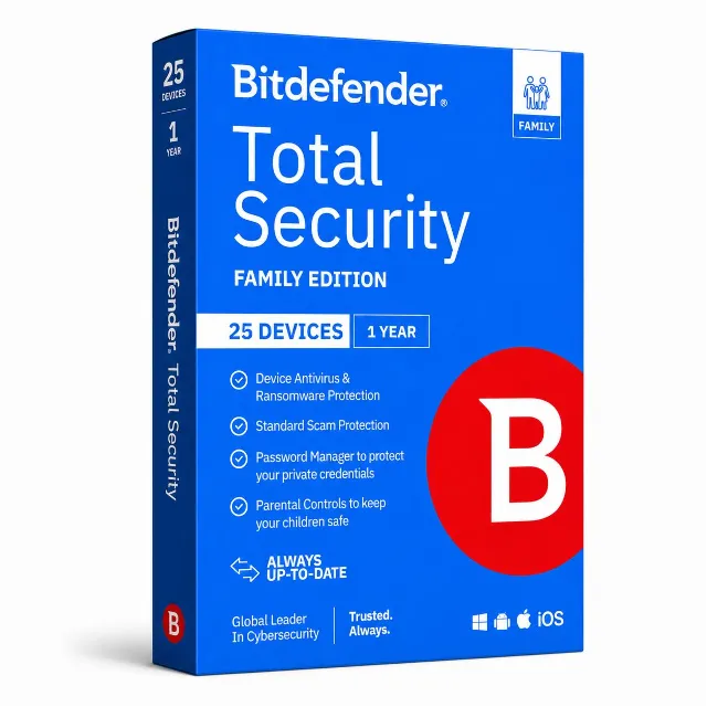 Bitdefender Total Security Multiplatform Family 5 Accounts each one 25 Devices 1 Year
