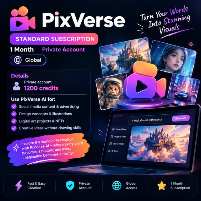 PixVerse Standard 1 Month – Private Account | 1200 Credits | Global