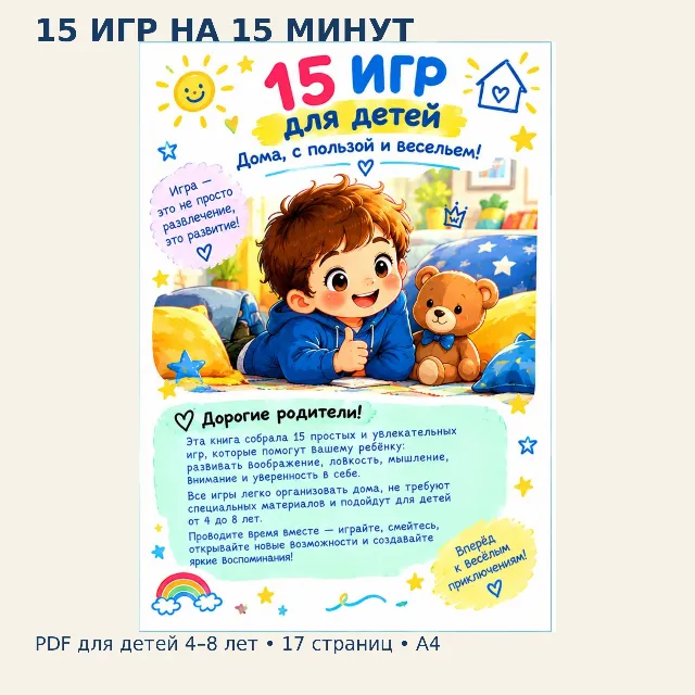 15 игр на 15 минут — 15 готовых игр для детей 3–8 лет | PDF А4